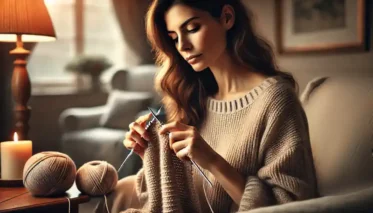 A lady hand knitting.